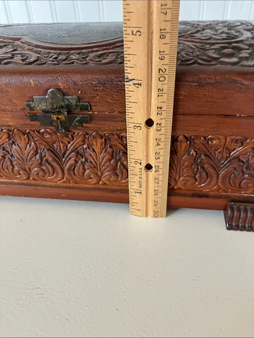 Vintage 50’s Carved Wood Jewelry/Trinket Box With Motif